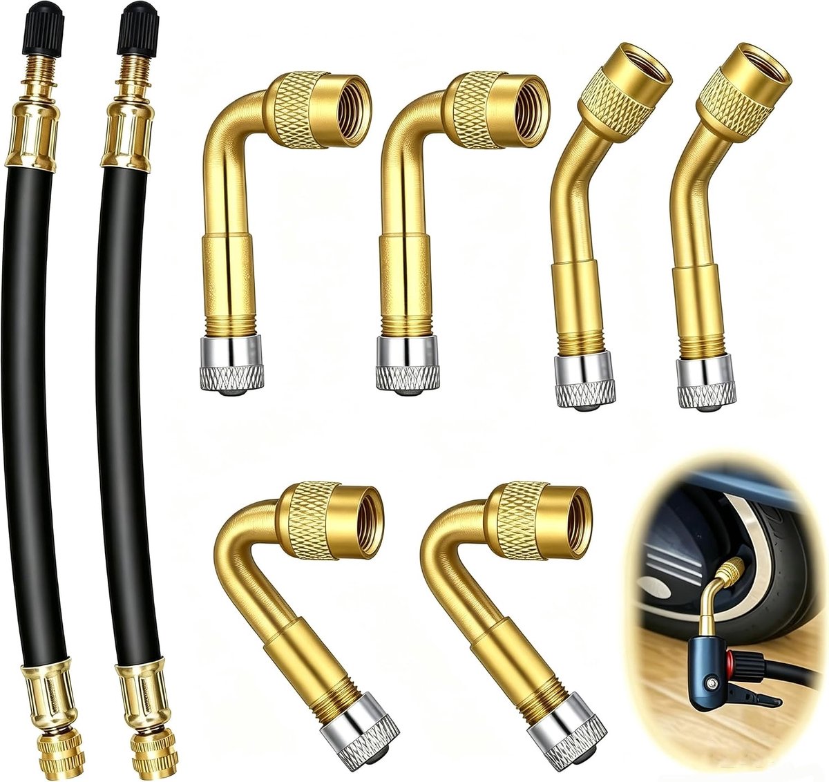 8 stuks bandventielverlengingsset, ventielverlenging, autoventiel met 45°, 90°, 135° messing adapter en 2 × 180 mm - ShopVlot