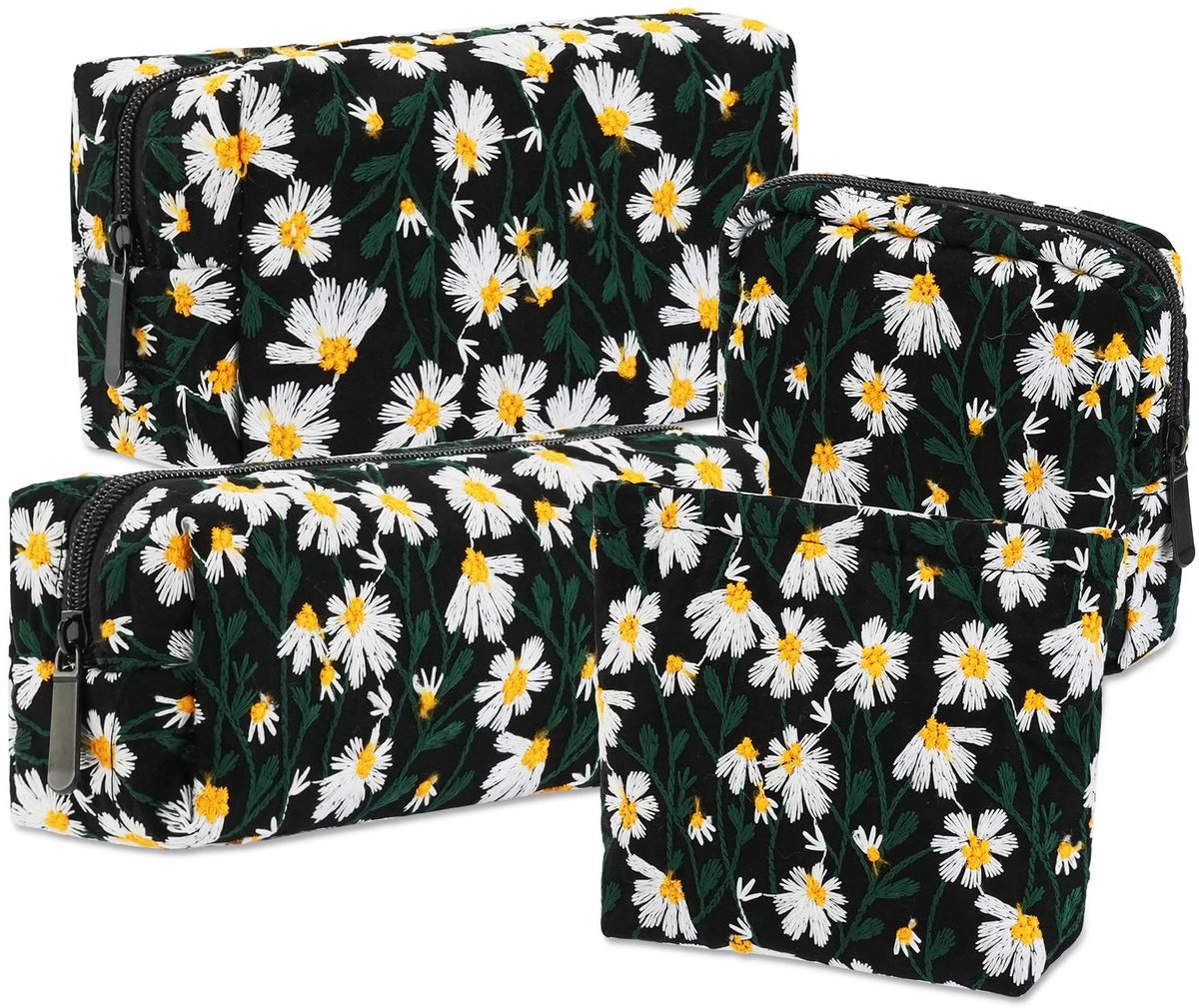 Toilettassen 4 stuks - Zwart bloemenpatroon - Schattig en praktisch - Ideaal voor reizen - ShopVlot