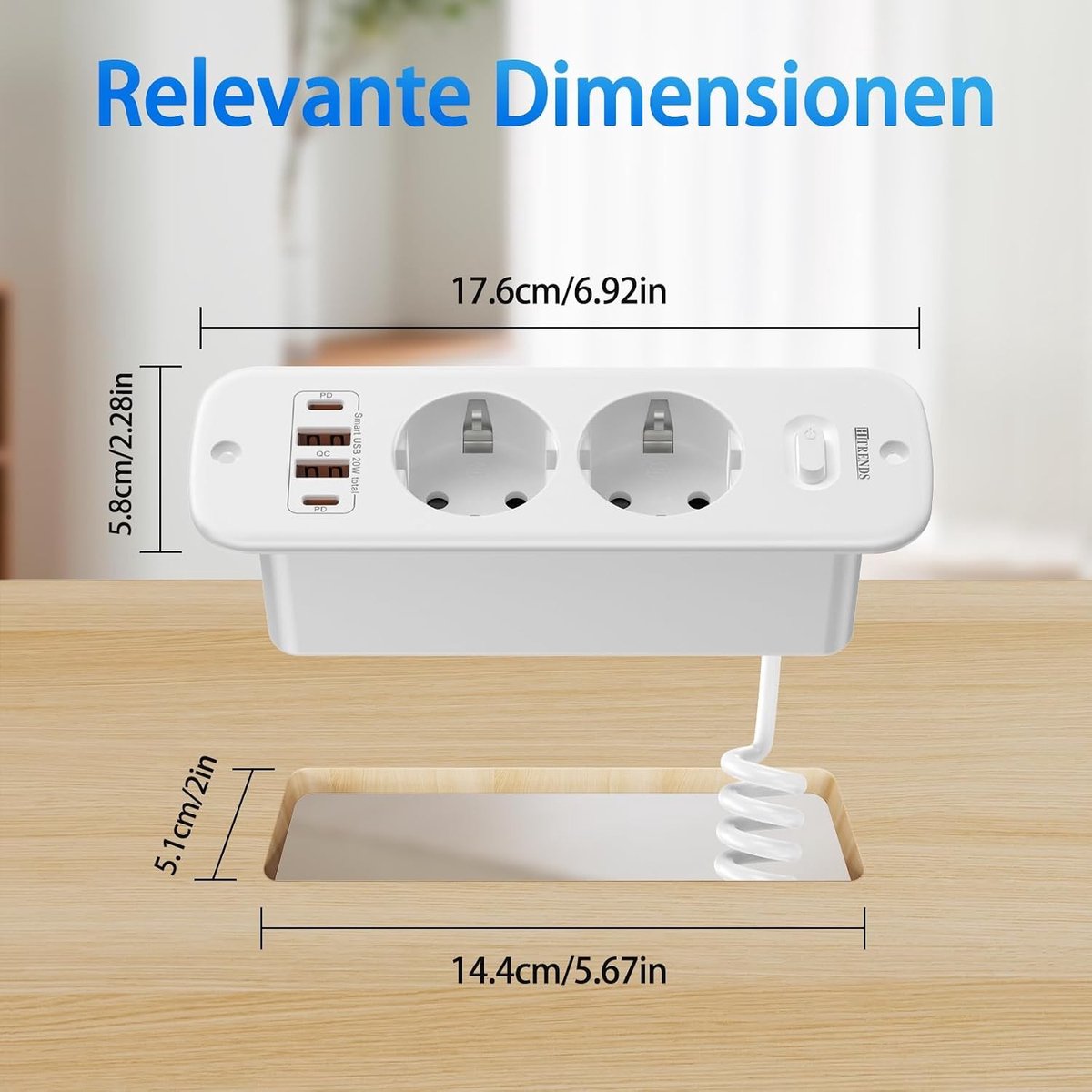 Tafelblad met Inbouwstopcontact - Wit - 160 x 60 x 45 mm - 4 USB-aansluitingen (2 x USB-A + 2 x USB-C) - Voor Kantoor en Keuken