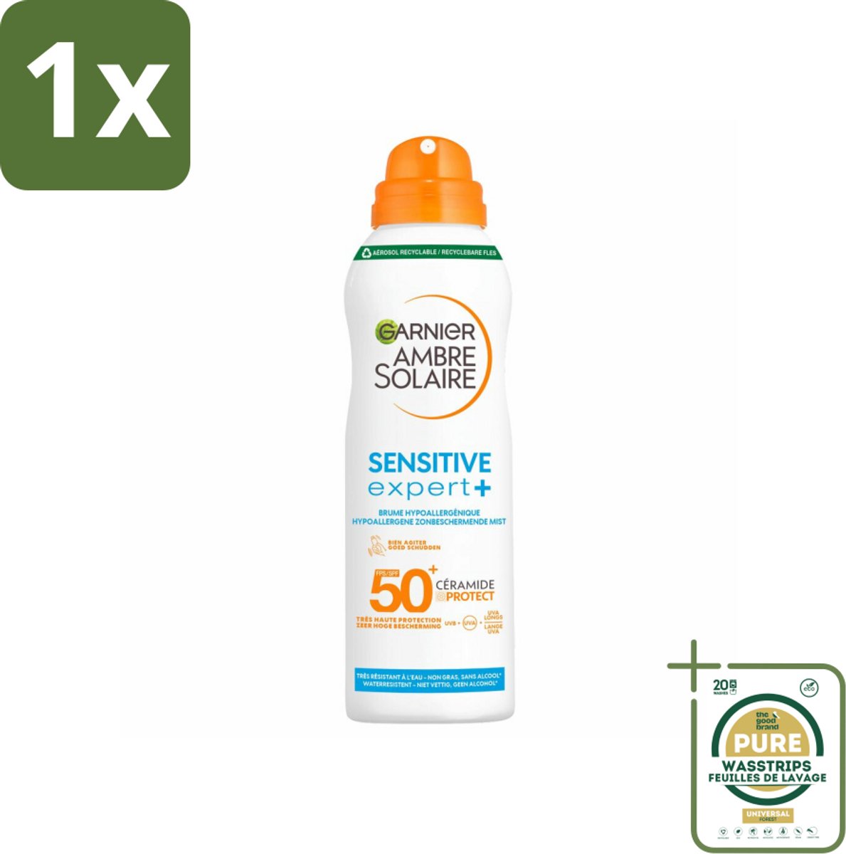 1 x Garnier - Ambre Solaire - Mist Spray - Sensitive Expert+ - SPF 50+ - 150 ml- Zonnescherm Mist Spray - Gevoelige Huid - SPF 50+ - Ceramide Protect - Karitéboter