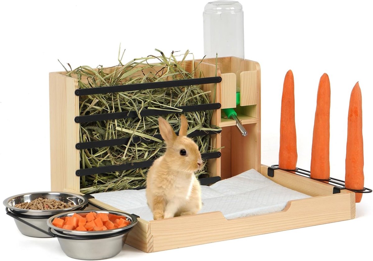 SnelShoppen - Voederstation voor knaagdieren met 500ml Drinkfles, Wortelhouder en Bakjes | Houten Voederstation voor Hamsters, Konijnen, Dierenaccesso