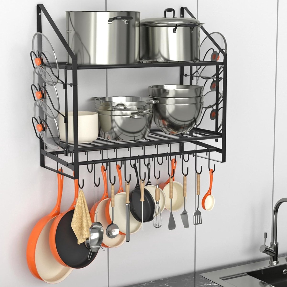 Opknoping Pot Rack 2 Tier - Stalen Pot en Pan Organizer - Wandmontage met 20 Haken - Ideaal voor Keuken Opslag - ShopVlot