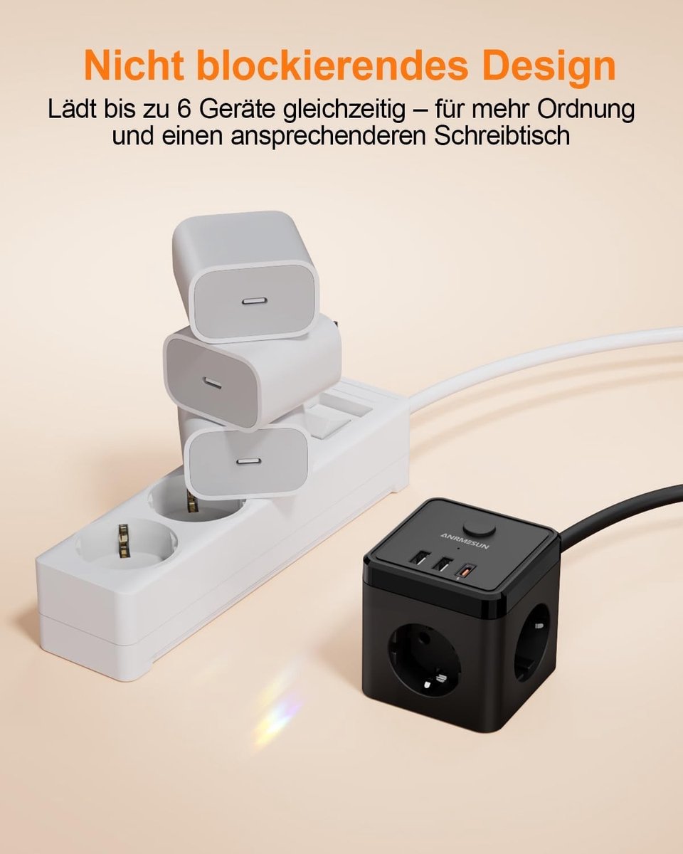 Stekkerdoos met USB-C PD 20 W Snel Opladen - Zwart - 6-in-1 Multifunctionele Stekkerdoos met Schakelaar - Voor Thuis en Kantoor