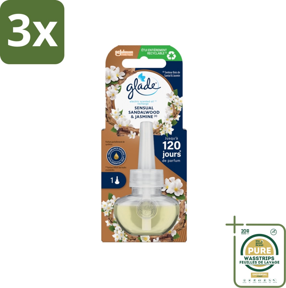 3 x Glade - Navulling Elektrische Olie - Sensual Sandelhout Jasmijn - 20 ml - Grootverpakking - Geur - Sandelhout - Jasmijn - Elektrische Geurverspreider - Geurverspreider