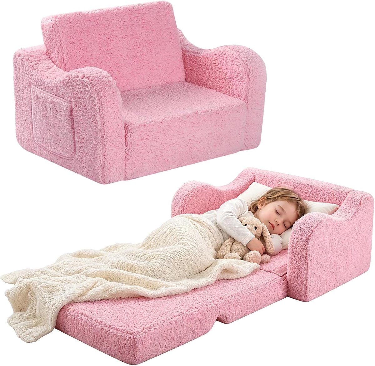 Kindersofa 2-in-1 - Vouwbare Sherpa Kinderstoel - Roze - Perfect voor de kinderkamer - ShopVlot
