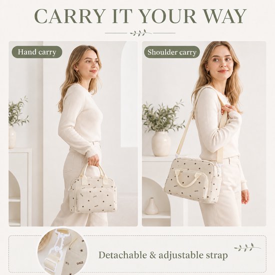 Rainbecom Koeltas Dames 9,5L - Geïsoleerde Lunchtas en Lunch Bag van Corduroy - Thermotas met Schouderband en Opbergvakken - Koeltassen Voor Werk, School en Picknick - Beige Sterren van Rainbecom — afbeelding 5