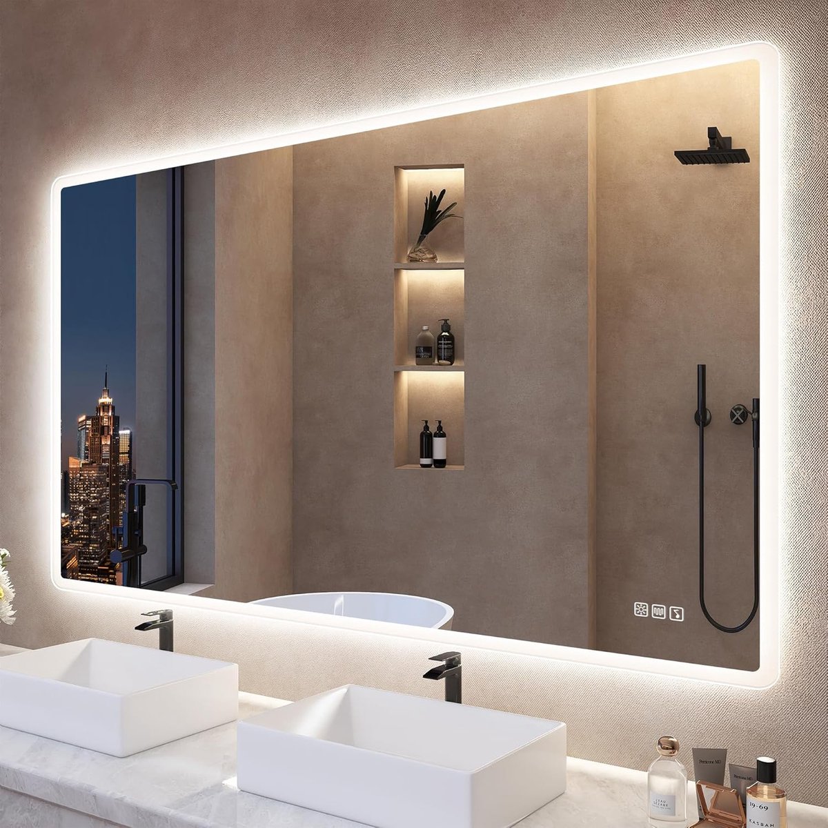 S'bagno Badkamerspiegel met verlichting, 140 x 80 cm, led-badkamerspiegel met licht, bluetooth, ontfoggen, 3 kleuren - ShopVlot