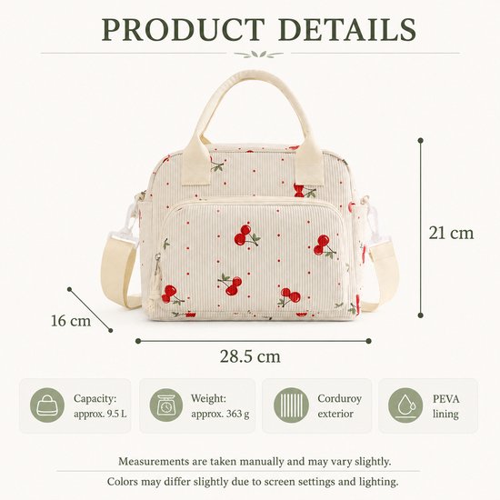 Rainbecom Koeltas Dames 9,5L - Geïsoleerde Lunchtas en Lunch Bag van Corduroy - Thermotas met Schouderband en Opbergvakken - Koeltassen Voor Werk, School en Picknick - Crème Kersen van Rainbecom — afbeelding 2
