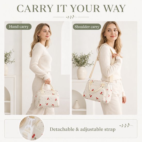 Rainbecom Koeltas Dames 9,5L - Geïsoleerde Lunchtas en Lunch Bag van Corduroy - Thermotas met Schouderband en Opbergvakken - Koeltassen Voor Werk, School en Picknick - Crème Kersen van Rainbecom — afbeelding 4