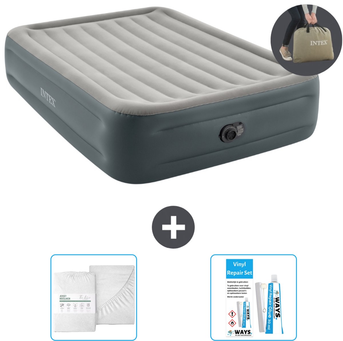 Bol.com Intex Luchtbed - 2-Persoons - 152 x 203 x 46 cm - Grijs - Inclusief pomp - Hoeslaken en Reparatieset aanbieding