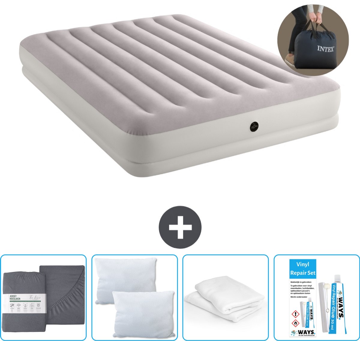Intex Luchtbed - 2-Persoons - 152 x 203 x 30 cm - Grijs - Inclusief pomp - Hoeslaken - Kussen - Reparatieset en Kussenbeschermer