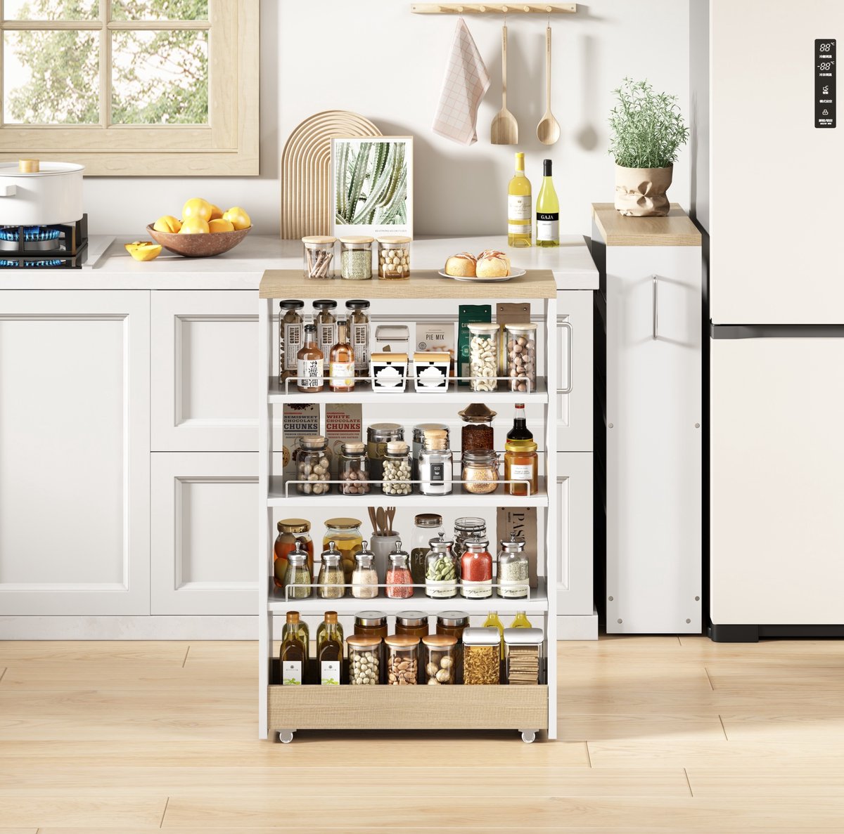 Wishdor Smalle voorraadwagen - Open stellingkast met 4 verstelbare planken en wielen - Scandinavisch - Voor keuken en badkamer - Wit naturel - 55x20x85 cm