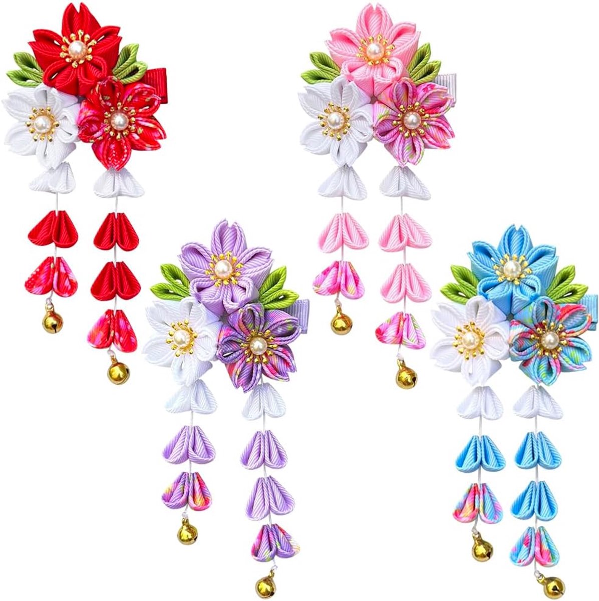 Umibow 4Pcs Japanese Style Flower Hair Clips Headwear Traditional Kimono Tassel Barrette Clips Tsumami Kanzashi Hanfu - ShopVlot