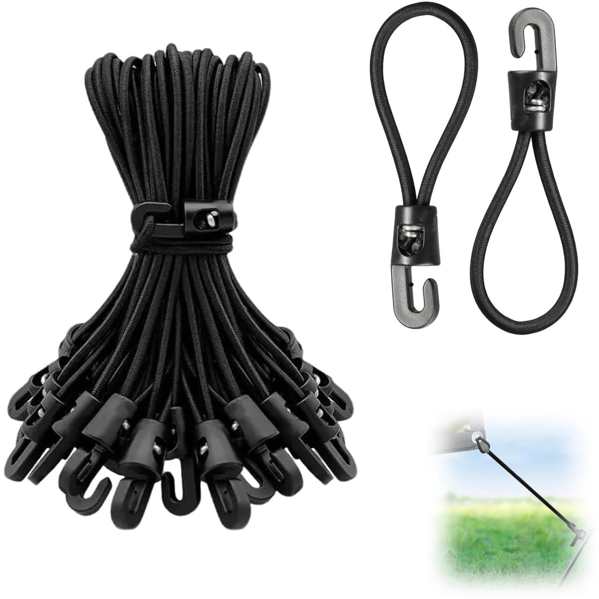 Leruiyezs 25 stuks elastiek met haak, spanrubber met haak, zwart, spanfix, rubberen spanners voor dekzeilen, tenten - ShopVlot