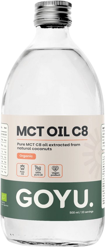 Fles GOYU MCT Olie C8 biologisch, 500 ml. Transparante olie, etiket met "MCT OIL C8 Pure MCT C8 oil extracted from natural coconuts Organic GOYU."