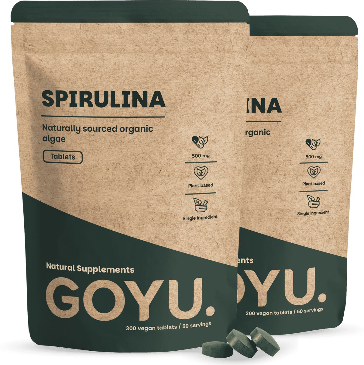 GOYU Spirulina 3000 mg per dagdosering Biologisch Combideal 2x 300 Tabletten - Algen - spirulina tabletten biologisch - Vegan - Zonder toevoegingen - Lab getest - 75 dagen voorraad per zakje