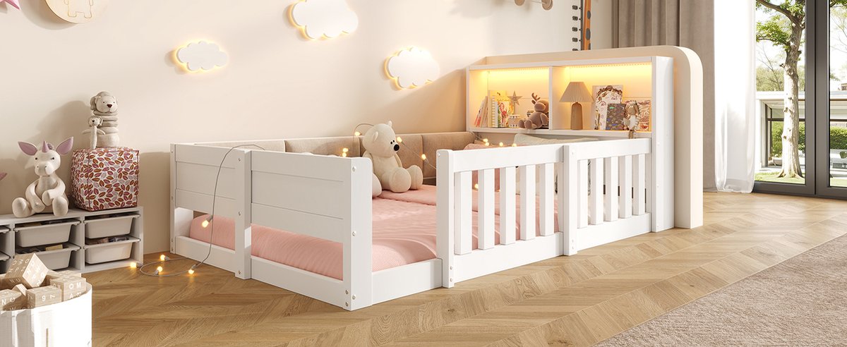 MIVRAY Kinderbed 90 x 200 cm Met Bedhekje En Zonder Matras Met Opbergruimte En LED Verlichting Voor Kinderkamer Met Zachte Bekleding Wit