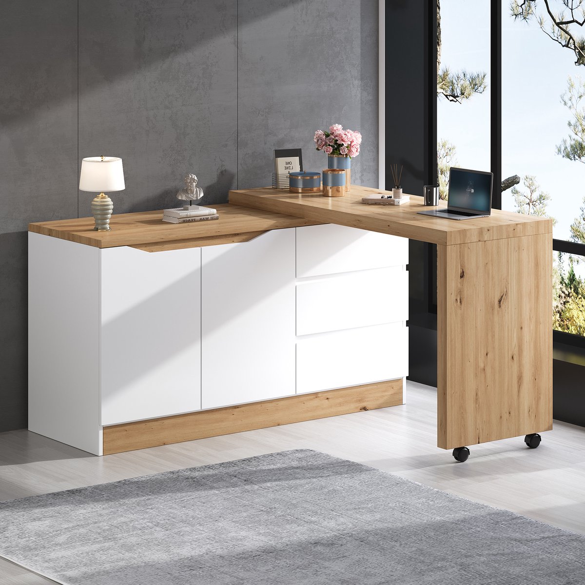 Hoekbureau - met hoekopstelling en laden - eiken en wit - afmetingen 120 x 50 x 78 cm - voor een praktische werkplek - voor dagelijks gebruik
