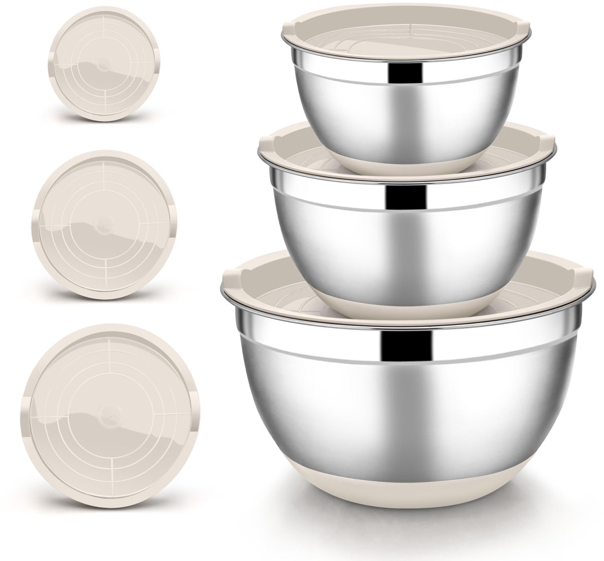 Famanu – Mengkommen, 3-delige set, roestvrijstalen kommen met luchtdicht deksel en antislip bodem, slakommenset voor keuken, bakken, koken, bereiding, vaatwasmachinebestendig - 4,6 l / 2,8 l / 1,2 l
