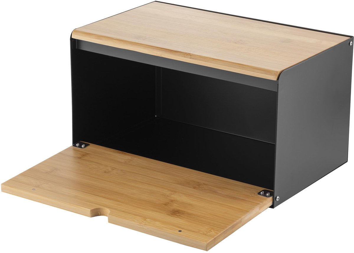 Famanu – Broodtrommel van staal met bamboe deksel, ruime en moderne broodcontainer, 35,5 x 21,5 x 19,5 cm, zwart