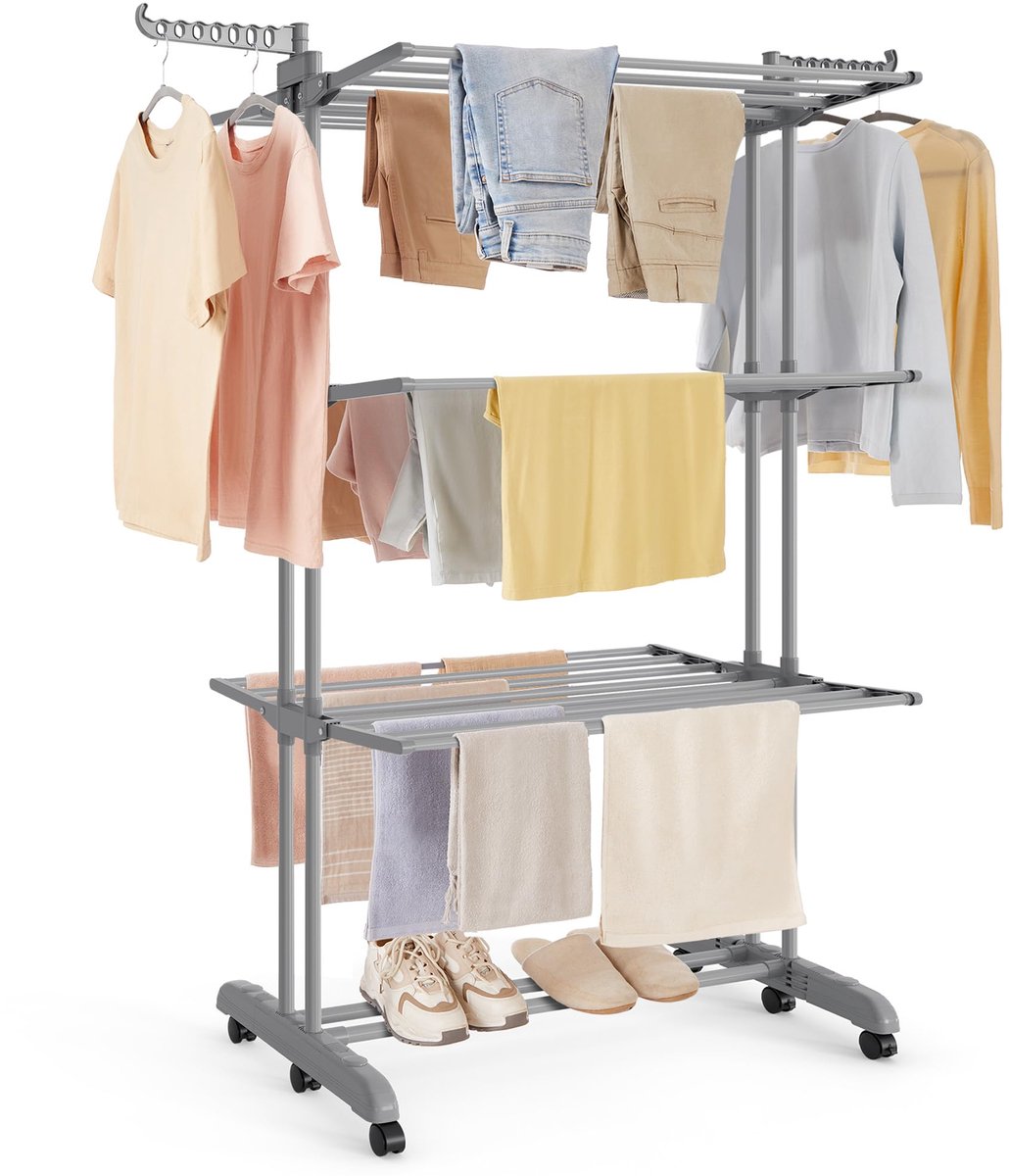 Famanu – Staand droogrek met 4 niveaus, inklapbare vleugels en wielen, 63,5 x 125,5 x 173 cm, groot en eenvoudig te monteren
