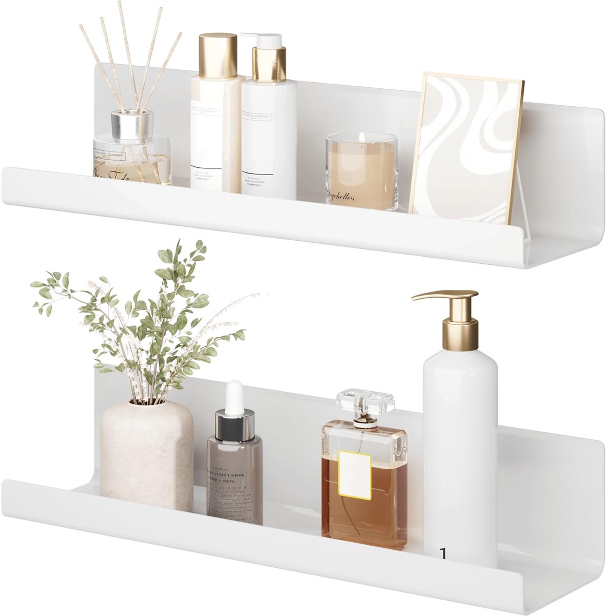 Famanu Zwevend wandrek set van 2 planken in wit, acryl wandplank voor boeken en foto's, woondecoratie voor keuken, badkamer, kantoor en woonkamer (32 x 10 x 8 cm)