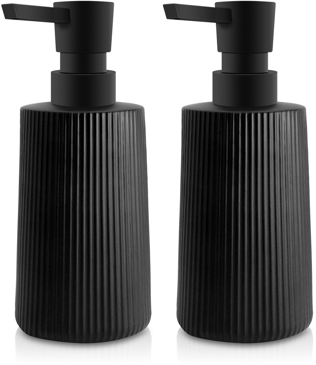 Famanu – Moderne zeepdispenser van glas, 250 ml, voor badkamer, keuken en aanrecht, handzeepdispenser met pomp, zwart, set van 2