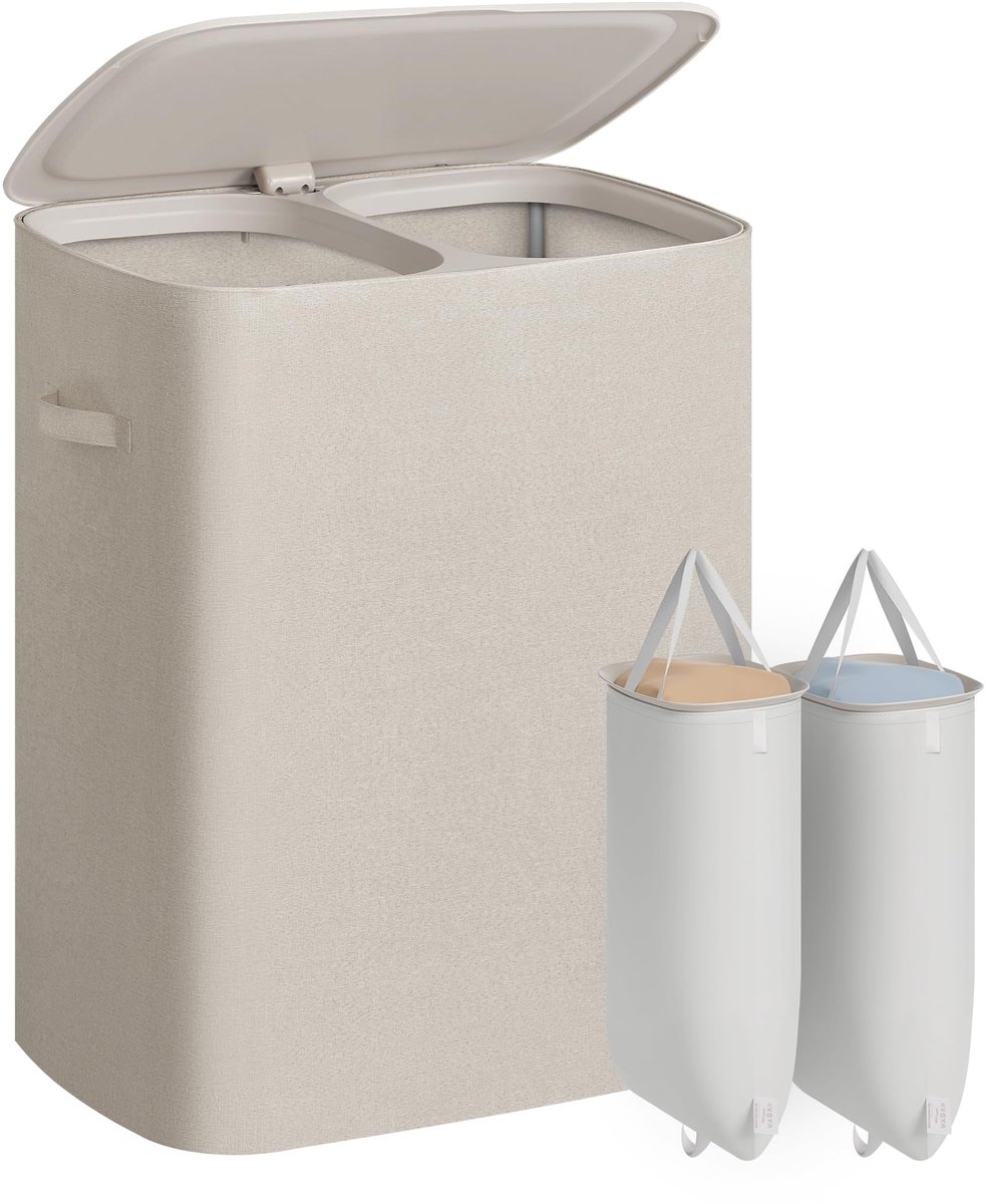 Famanu – Wasmand met 2 vakken en deksel, 160 liter inhoud, ideaal voor het sorteren van wasgoed