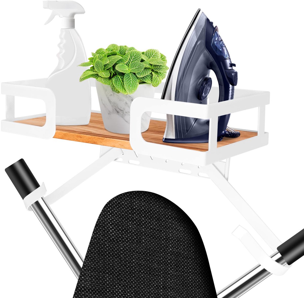 Famanu – Strijkplank, hanger, metaal, wandhouder, wasruimte, strijkijzer en strijkplankhouder met grote opbergruimte, houten sokkelmand en afneembare haken (T&V-vorm) (wit-1-geen haak