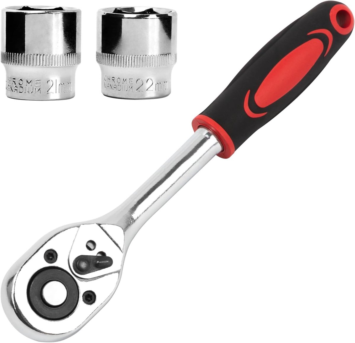 Steeksleutel met ratel 3/8" inch - 21mm en 22mm - chroom vanadium staal - snel wisselen van opzetstukken - ShopVlot