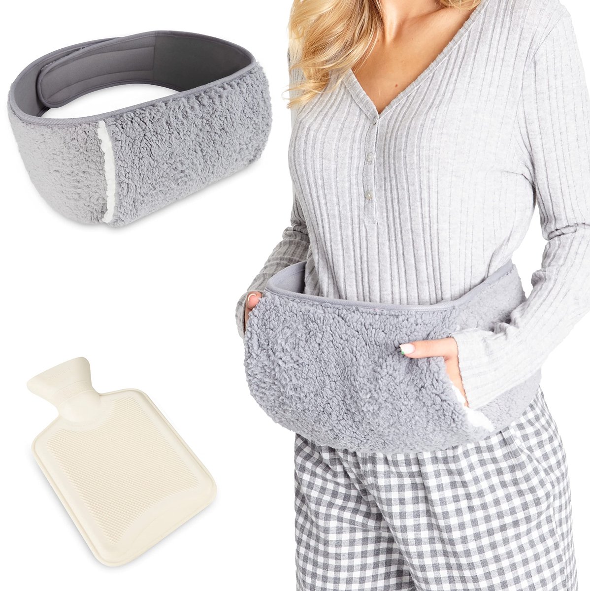 Famanu – Draagbare warmwaterkruik voor pijnbestrijding, pluche warmwaterzak met taillehoes en handzakken, ideaal voor menstruatiepijn, maagkrampen en rugpijn, grijs
