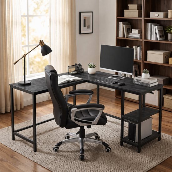 Zwart hoekbureau met leren bureaustoel, computer, lamp en boekenplank.