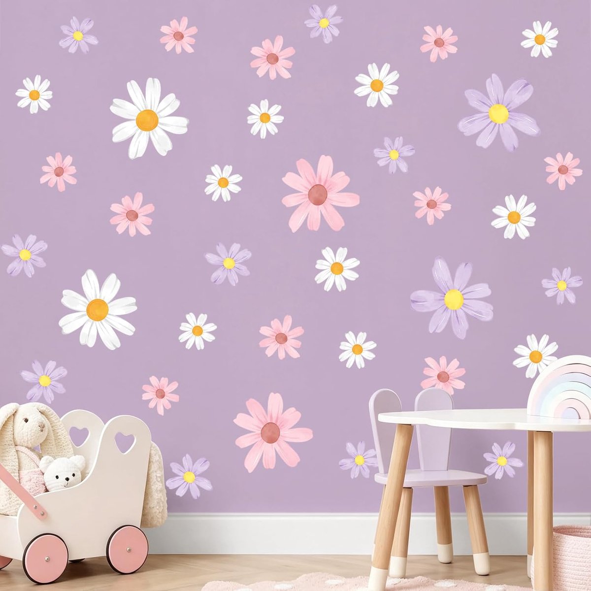 Tanlaby 9 vellen muursticker madeliefjes pastel 36 stuks wit roze paars - ShopVlot