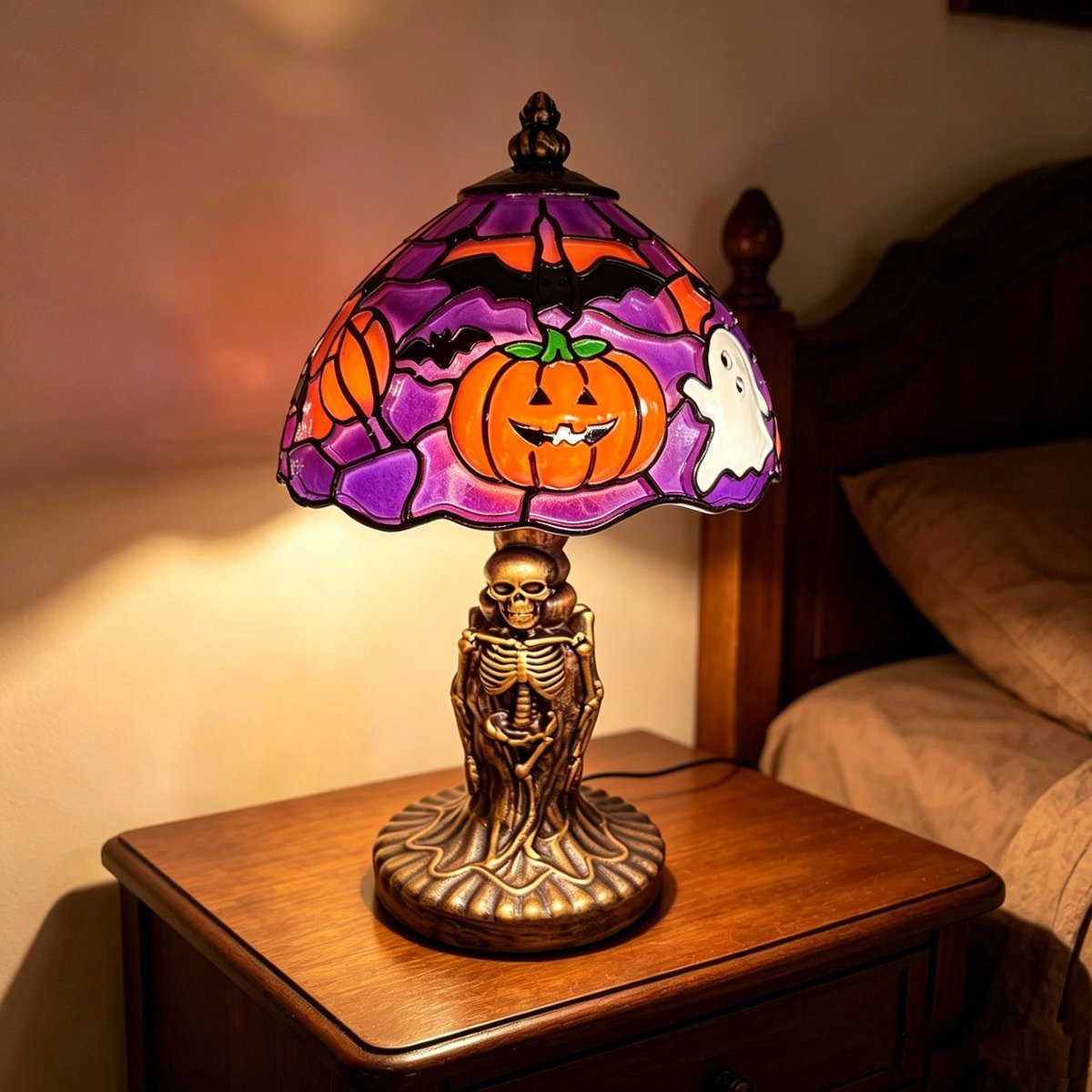 Casalora® Halloween Spook Tafellamp – LED Resin Lamp met Vleermuis en Pompoen – USB Oplaadbare Gothic Nachtlamp voor Halloween Decoratie en Woonkamer