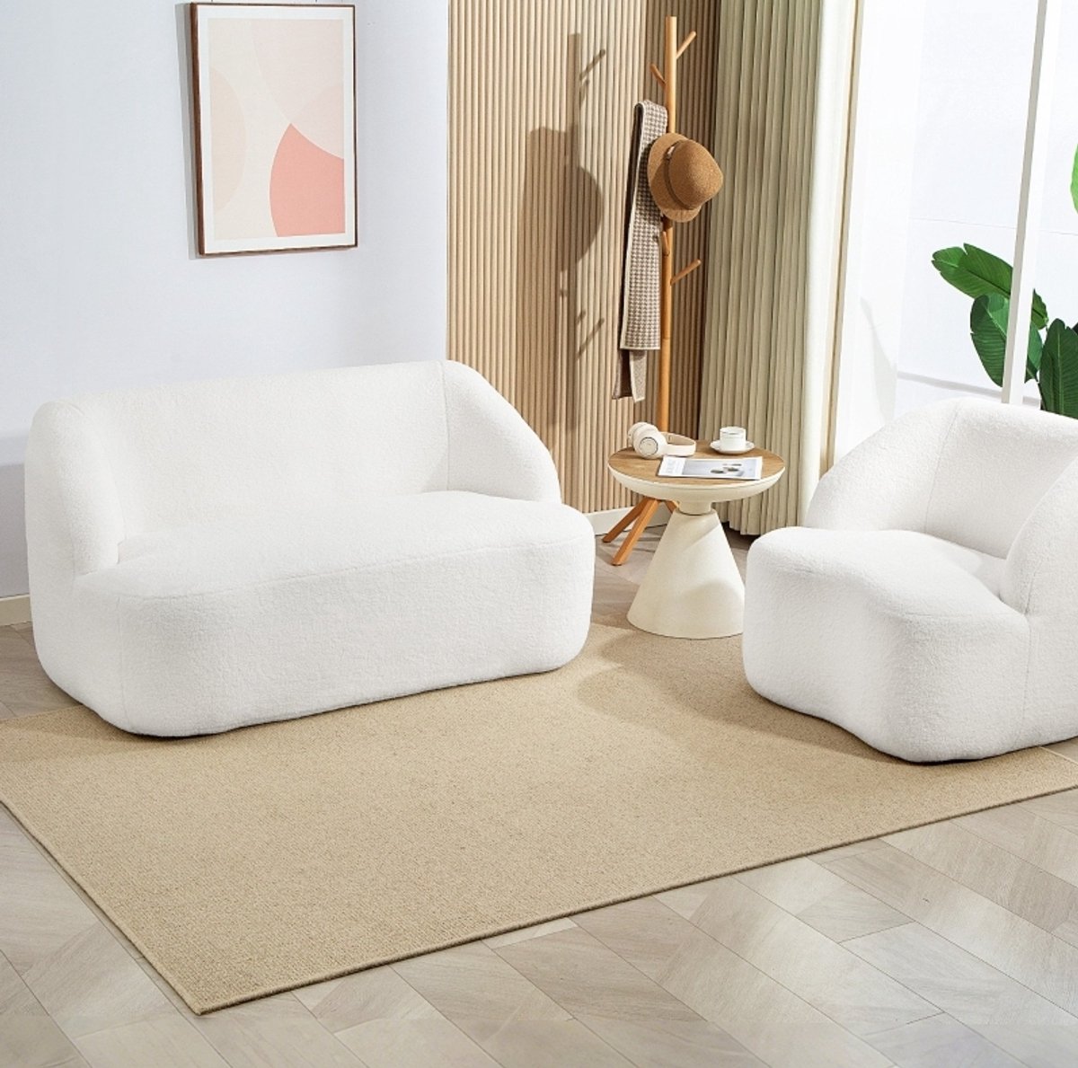 DESMIU Bank - 2-Zits Bank 142 Cm - Zacht Fleece Design Met Hoogcomfort En Stabiele Basis - Voor Woonkamer, Slaapkamer En Thuiswerkplek - Polyester - Wit