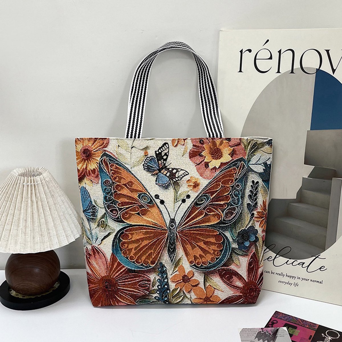 Canvas dames tote tas - 3D geborduurde vlinders - groot formaat - afmetingen 44 x 37 x 9 cm-Kleurrijke vlinder