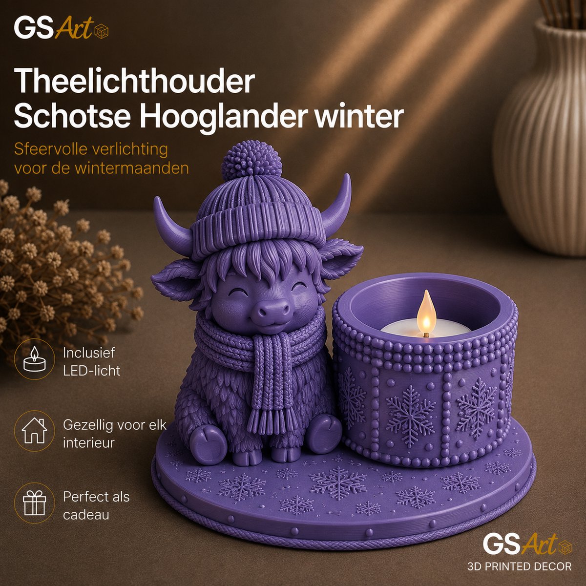 GSArt Theelichthouder Schotse Hooglander Winter – inclusief LED-kaarsje - Zijde Paars