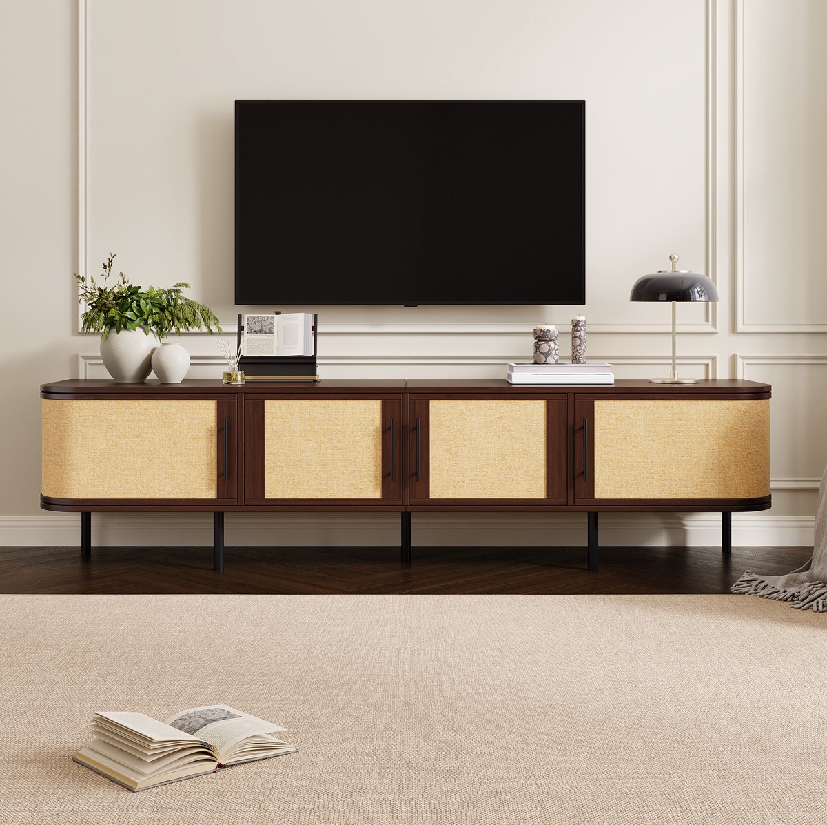 MIVRAY TV Meubel - Tv Lowboard Met Flechtfront En 4 Deuren - Opbergruimte Voor Woonkamer - MDF - Walnoot 180 X 40 X 45 Cm