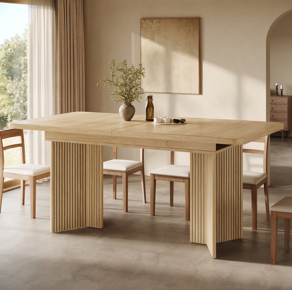 MIVRAY Uitschuifbare Eettafel Met V Vormen En Verticaal Ribpatroon Voor Woonkamer En Eetkamer MDF Metaal 120 Tot 160 Cm