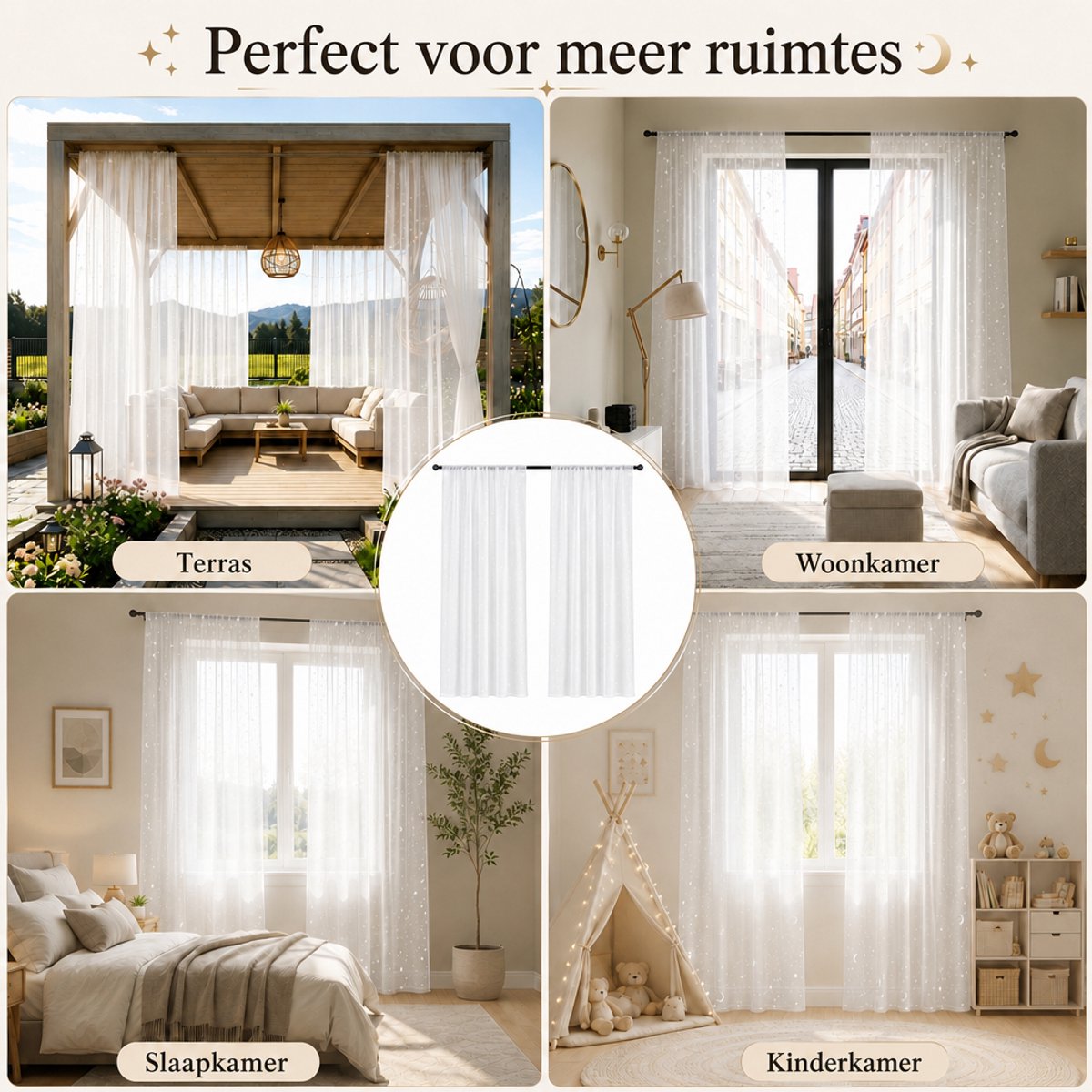 MUPOO lichtgevende vitrageset van 2, 132 x 244 cm per paneel, wit 100% polyester met sterren- en maanprint, lichtfilterende voile met 7 cm tunnel voor gordijnroede, voor kinderkamer, slaapkamer en woonkamer