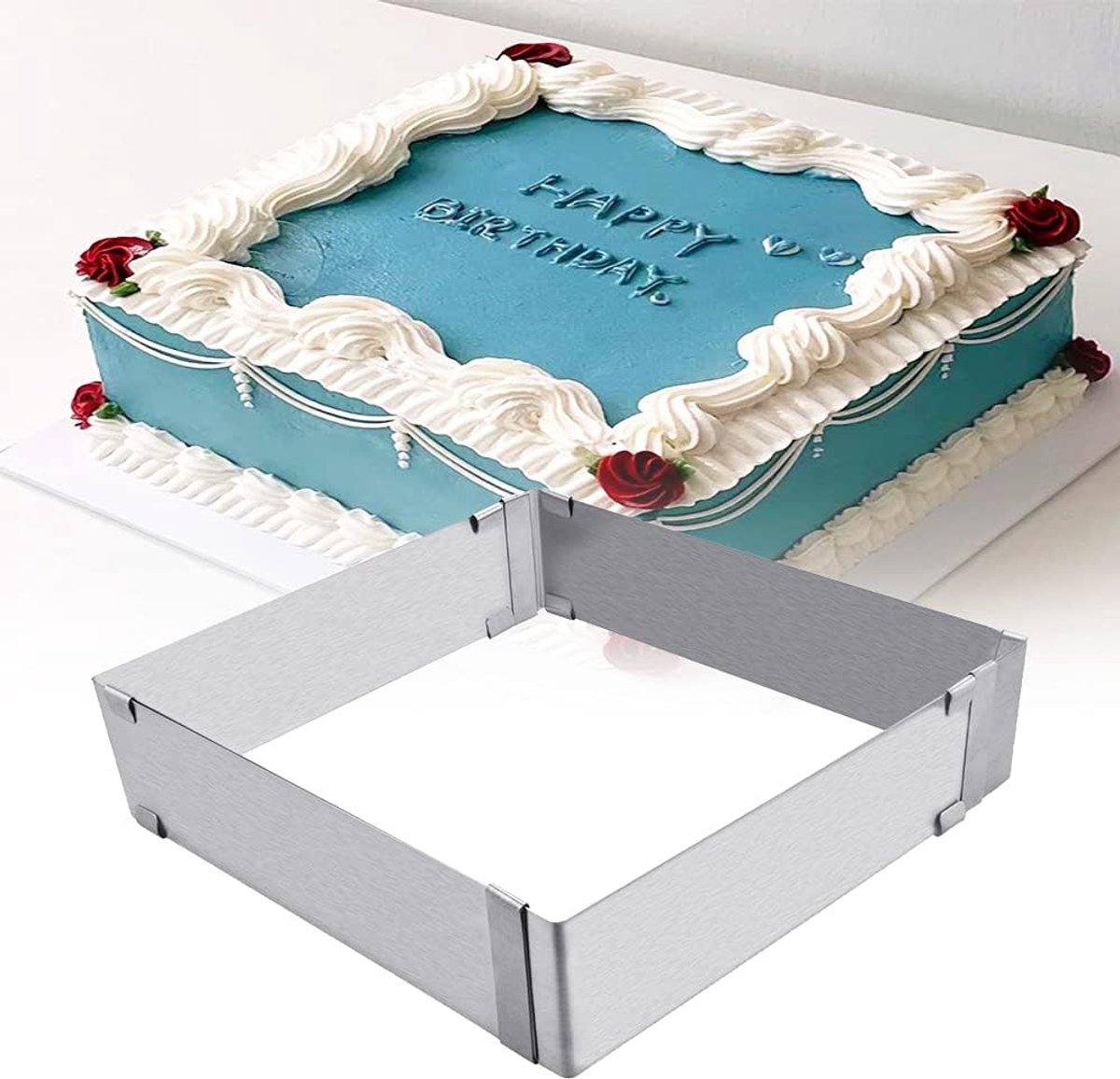 Baking Frame Rectangular Adjustable Stainless Steel Cake Ring Square Cake Frame Adjustable from 15 x 15 x 5 cm to 28 x - ShopVlot