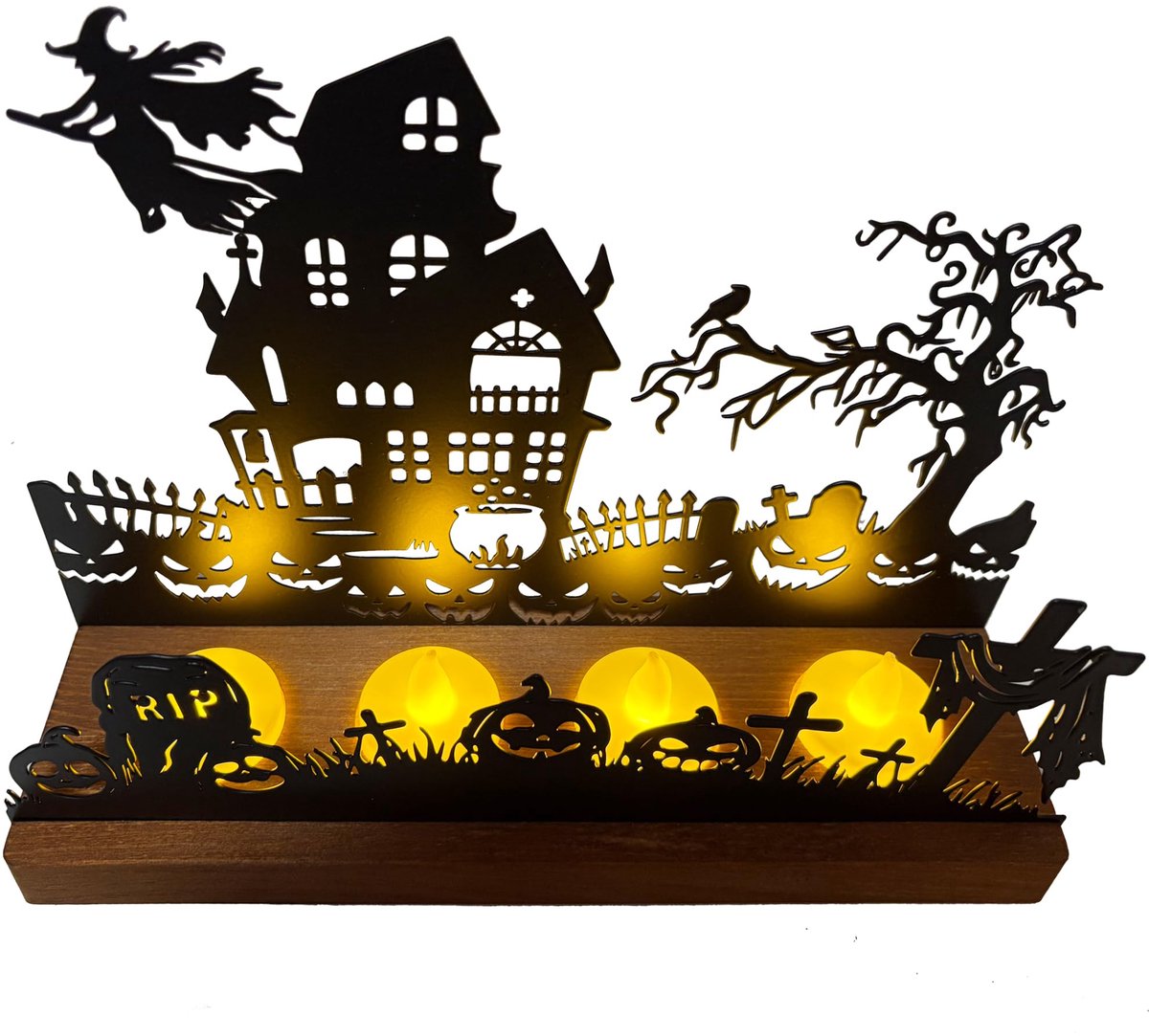 Famanu Halloween kandelaar van metaal met burg-silhouet, heks en spoken, afneembare houten sokkel voor 4 theelichtjes, duurzaam en onderhoudsvriendelijk, sfeervolle tafeldecoratie Naturel