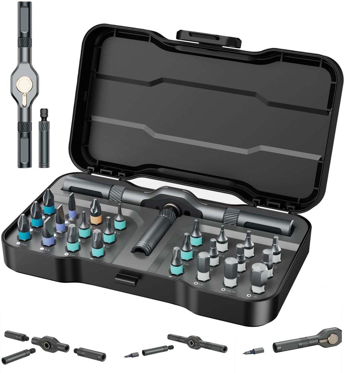 Famanu – 24-in-1 magnetische schroevendraaierset, doe-het-zelf ratel schroevendraaier kit, multifunctioneel magnetisch gereedschap met afneembaar ratelhandvat, draagbare reparatie set