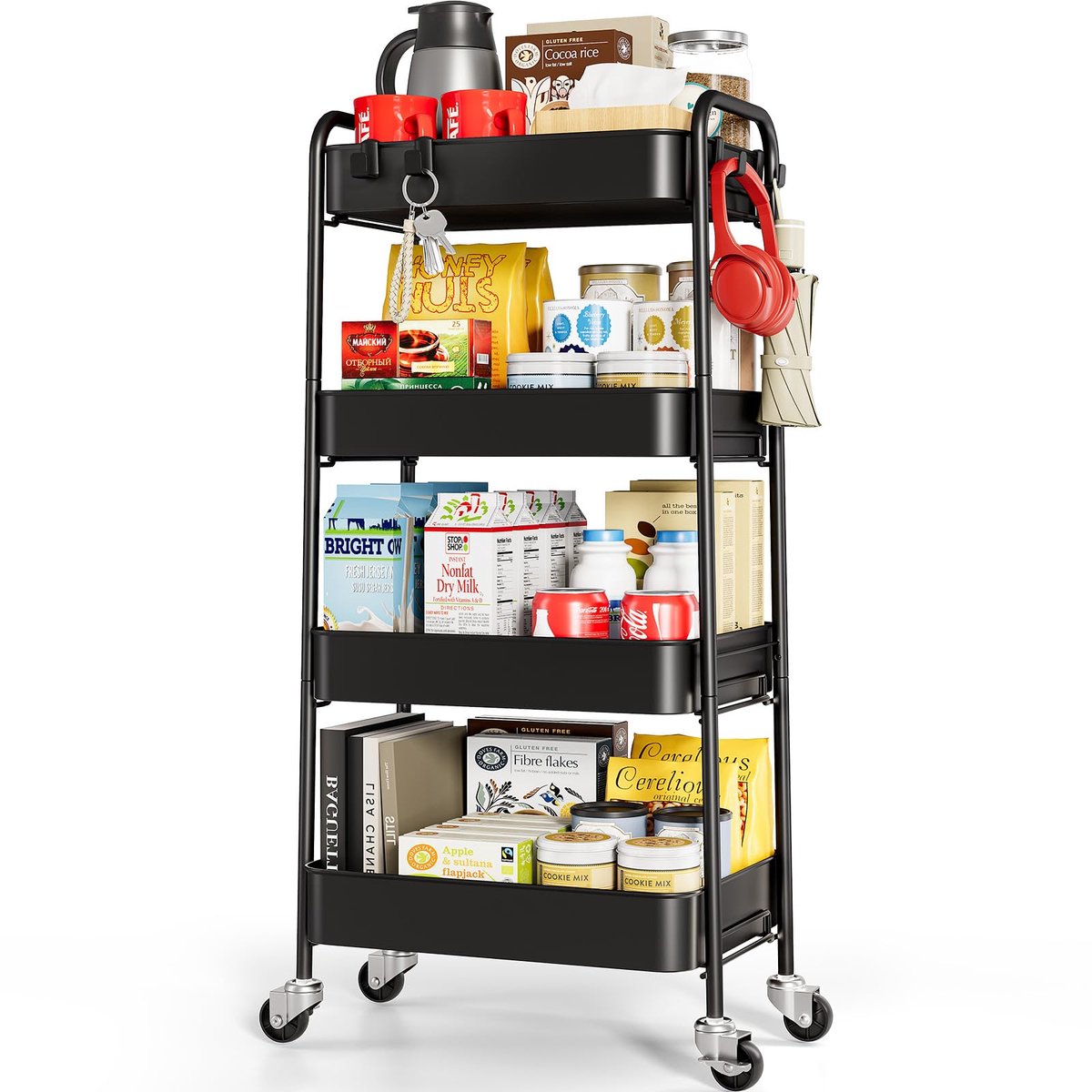 Famanu – 4-laags metalen opbergtrolley op wielen, multifunctioneel voor thuis, badkamer, keuken en wasruimte, eenvoudig te verplaatsen zonder schroeven