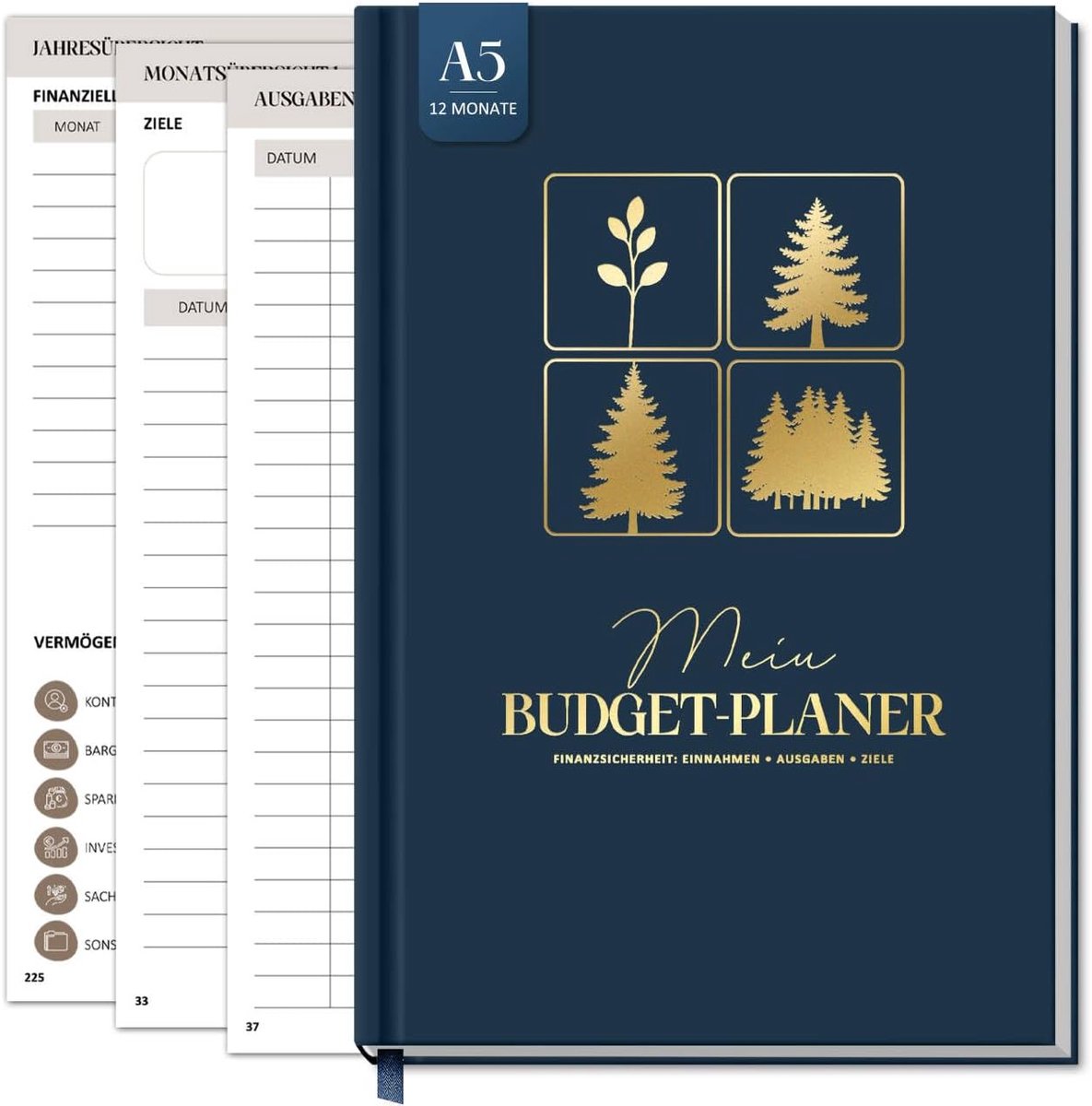 Maandbudget planner - donkerblauw - patroon van bosplanten - overzichtelijk budgetbeheer - ShopVlot