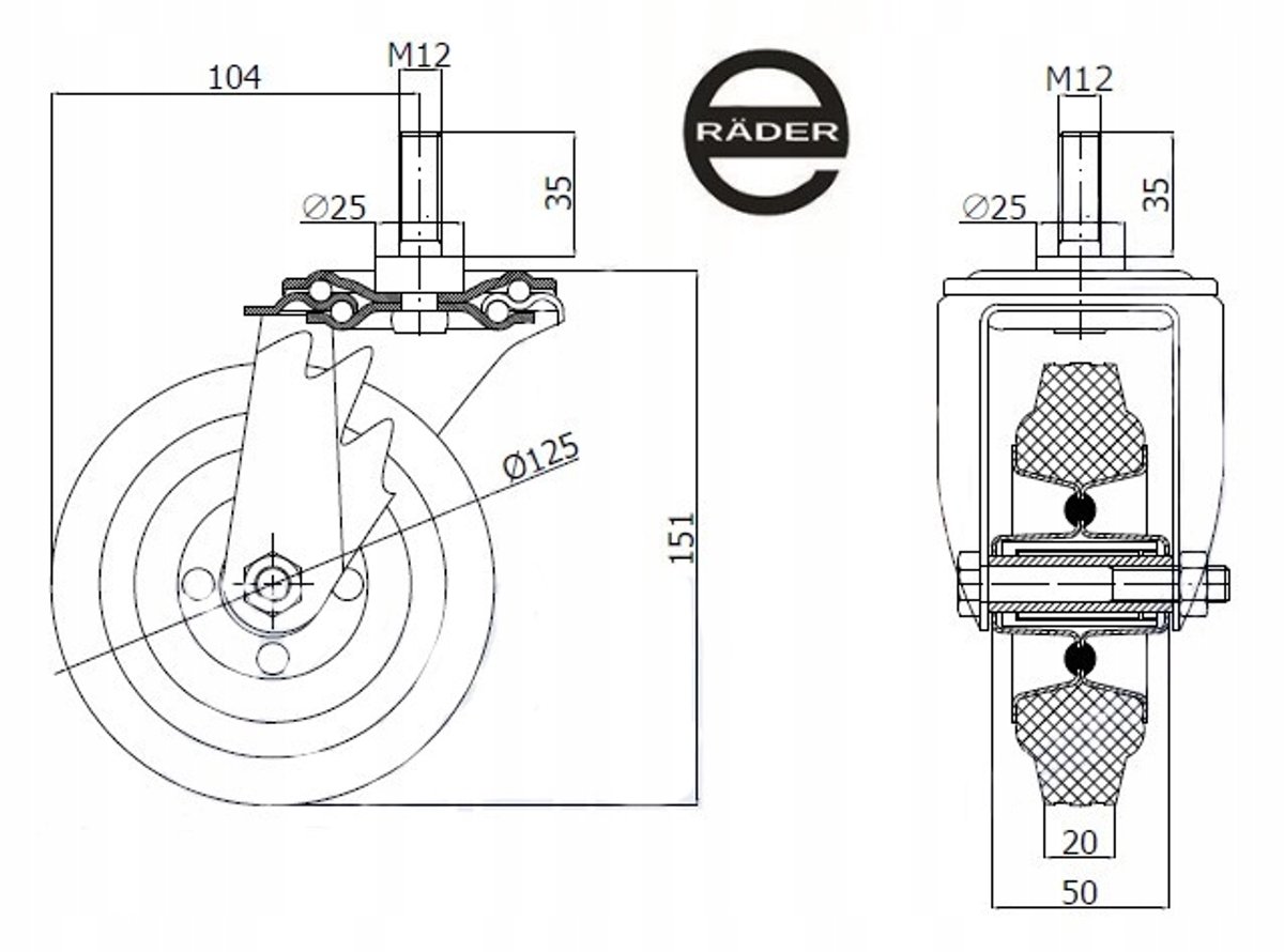Metaal-rubber wiel 125 mm met M12 schroefdraad