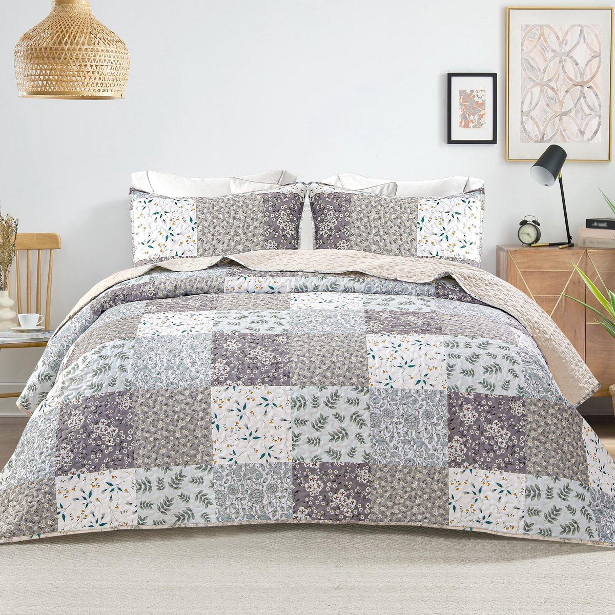 Sprei 240 x 260 cm - grijs geruit - lichte sprei met 2 kussenslopen - geschikt voor alle seizoenen - ShopVlot