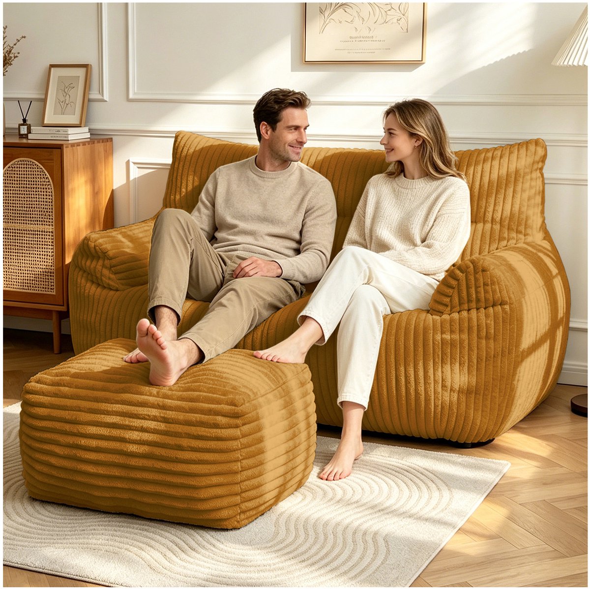 HAUSS SPOLE Zitzak Loungestoel Met Voetenbank – Ergonomisch Ontwerp Met Rugleuning En Armleuningen – Voor Woonkamer En Slaapkamer – Fluweel Geel
