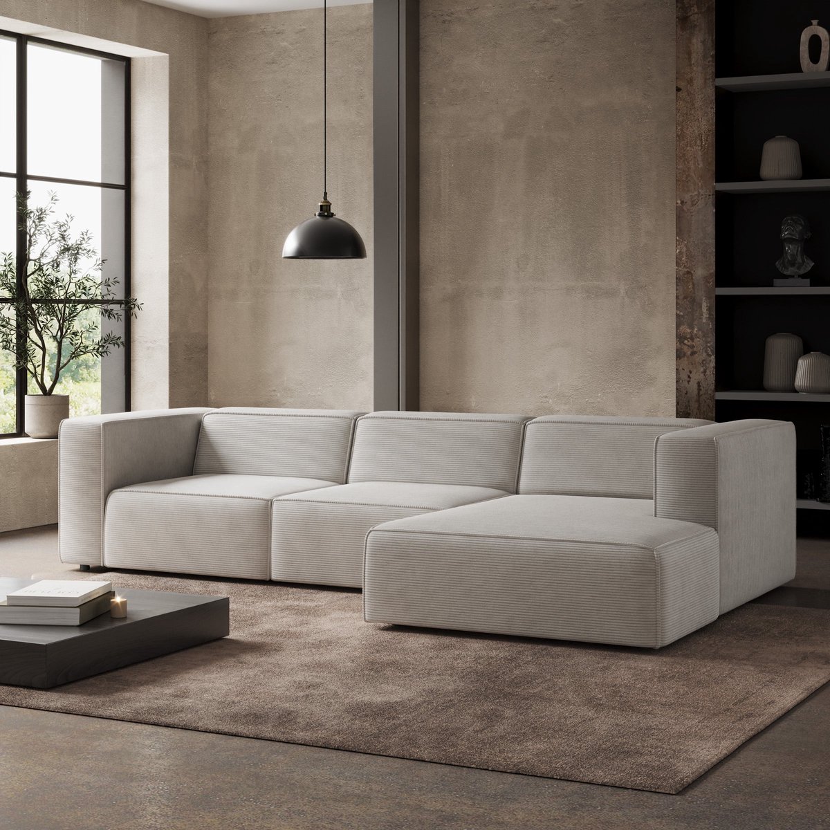 Meubella - Lumvar L - Hoekbank 4-zits - Ribstof beige - Rechts