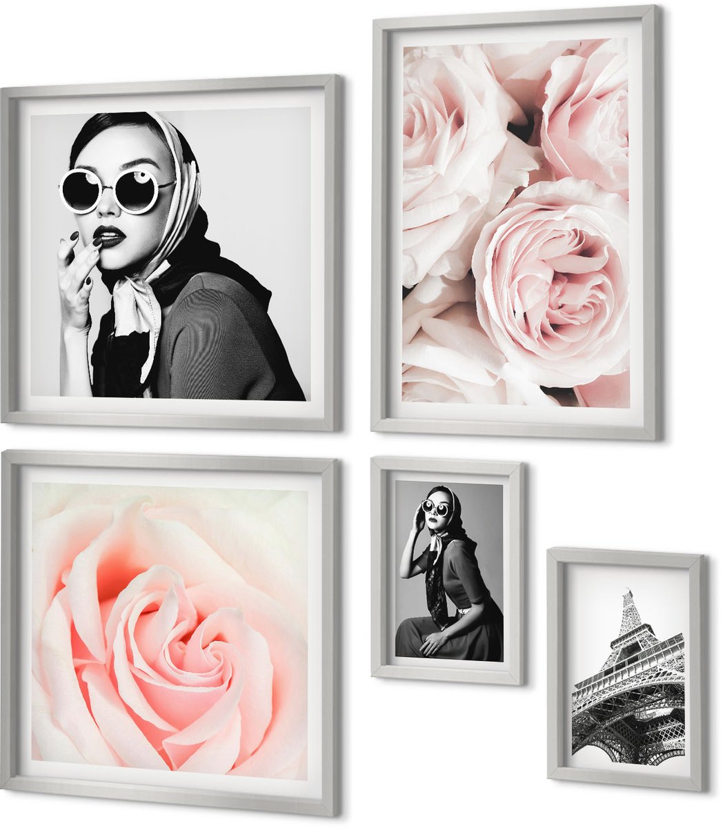 Coloray 5-Delige Schilderij Set - Bloemen In Verschillende Tinten Roze En Een Elegante Vrouw - 20 x 30 cm - Wanddecoratie - Muurdecoratie - Moderne Interieurdecoratie - Stijlvolle Muurdecoratie